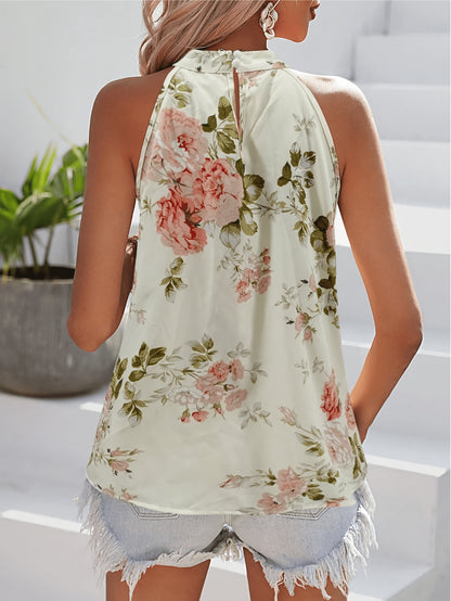 Effortless White Floral Halter Top for Women with Pleated Neck Sleeveless Fringe Trim Bohemian Style