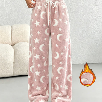 Comfortable Star Moon Print Fleece Pajama Pants for Women with High Waist Drawstring Wide Leg Cozy Style