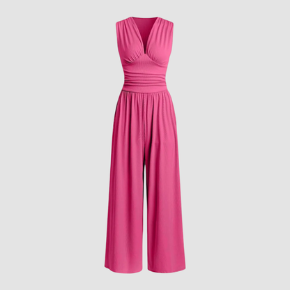Effortless Wide Leg Jumpsuit for Women with V Neck Ruched Waist Sleeveless Flowing Style