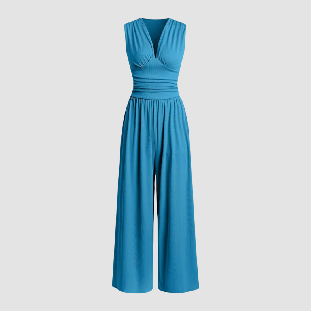 Effortless Wide Leg Jumpsuit for Women with V Neck Ruched Waist Sleeveless Flowing Style