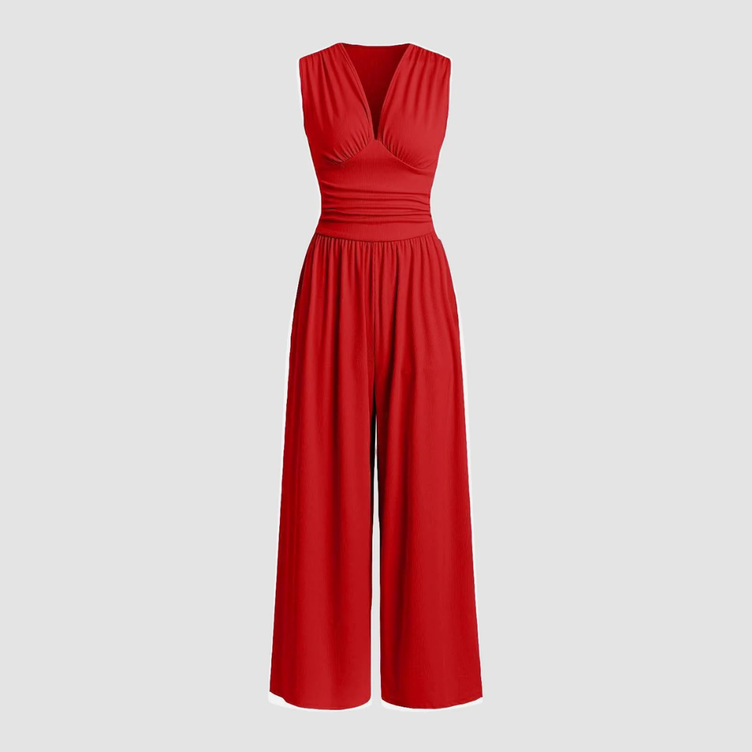 Effortless Wide Leg Jumpsuit for Women with V Neck Ruched Waist Sleeveless Flowing Style