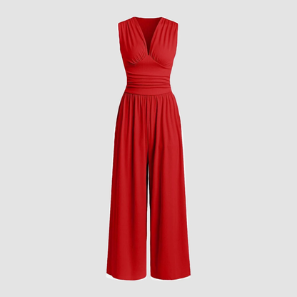 Effortless Wide Leg Jumpsuit for Women with V Neck Ruched Waist Sleeveless Flowing Style