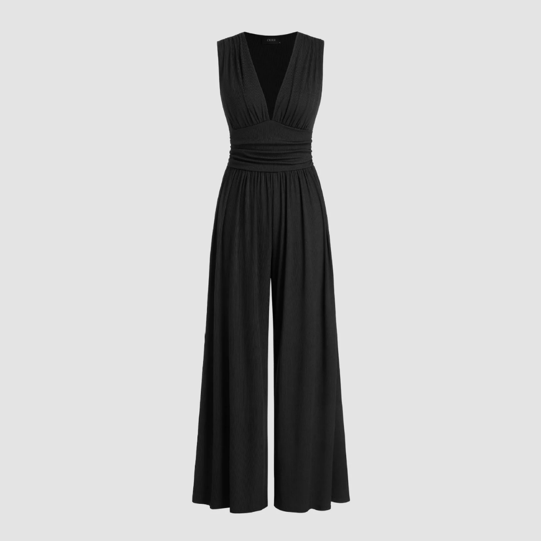 Effortless Wide Leg Jumpsuit for Women with V Neck Ruched Waist Sleeveless Flowing Style