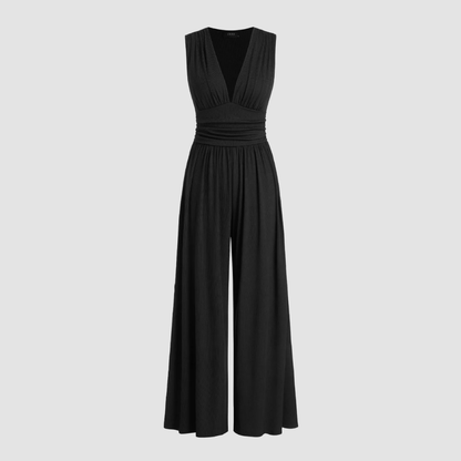 Effortless Wide Leg Jumpsuit for Women with V Neck Ruched Waist Sleeveless Flowing Style