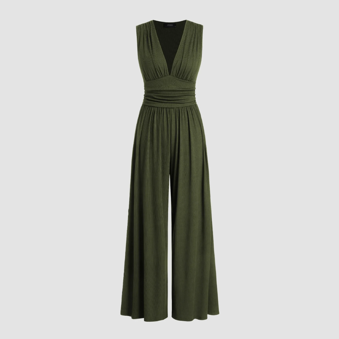 Effortless Wide Leg Jumpsuit for Women with V Neck Ruched Waist Sleeveless Flowing Style