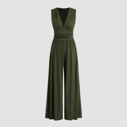 Effortless Wide Leg Jumpsuit for Women with V Neck Ruched Waist Sleeveless Flowing Style