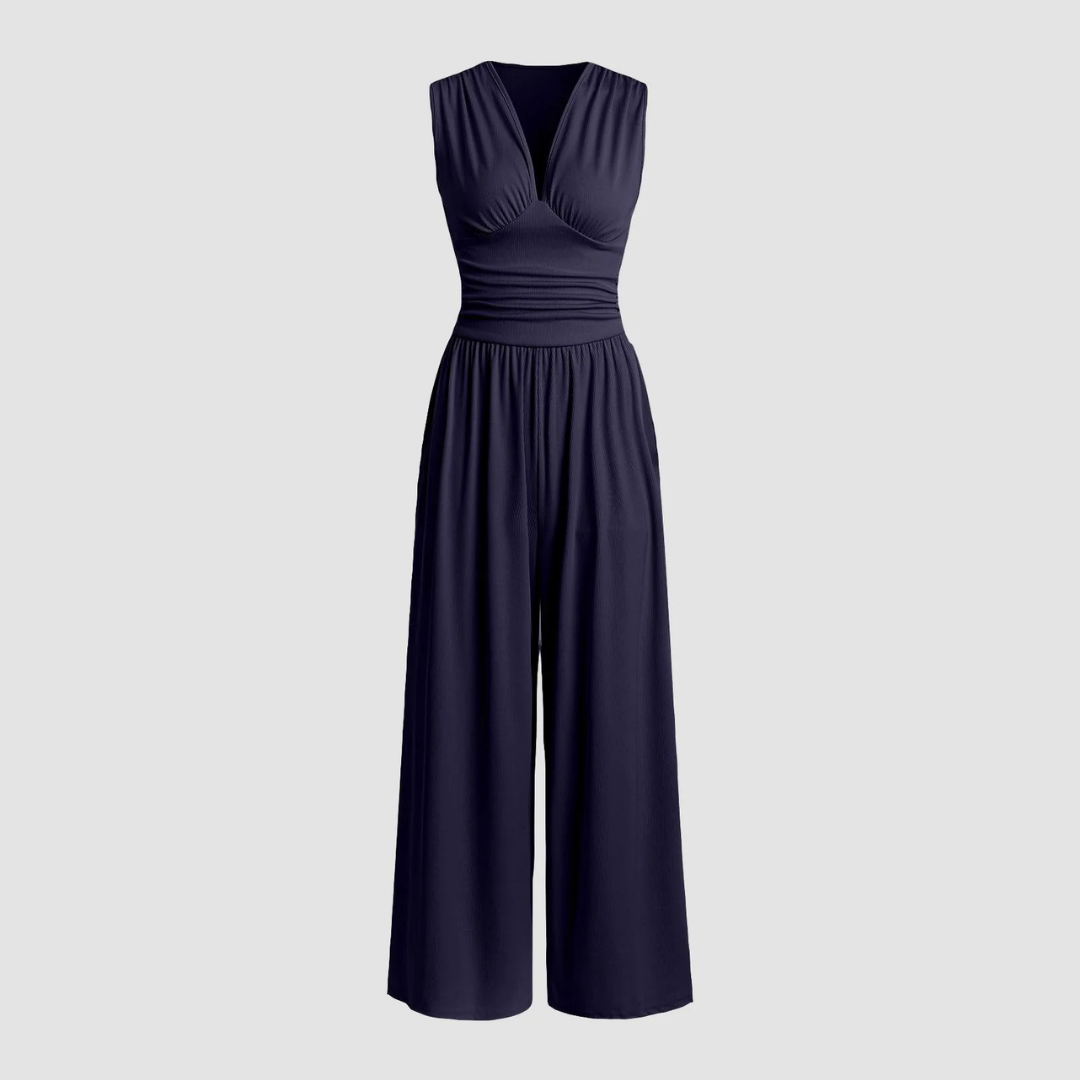 Effortless Wide Leg Jumpsuit for Women with V Neck Ruched Waist Sleeveless Flowing Style