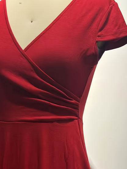 Elegant Wrap Midi Dress for Women with V Neck Cap Sleeve Fit and Flare Cocktail Style