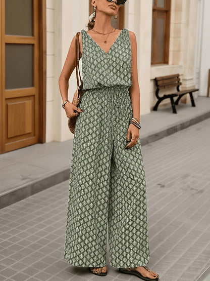 Effortless Olive Geometric Print Jumpsuit for Women with V Neck Sleeveless Button Front Wide Leg Style