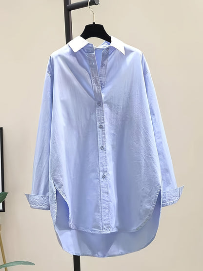Effortless Cotton Blouse for Women with Collar Long Sleeve High Low Relaxed Oversized Style