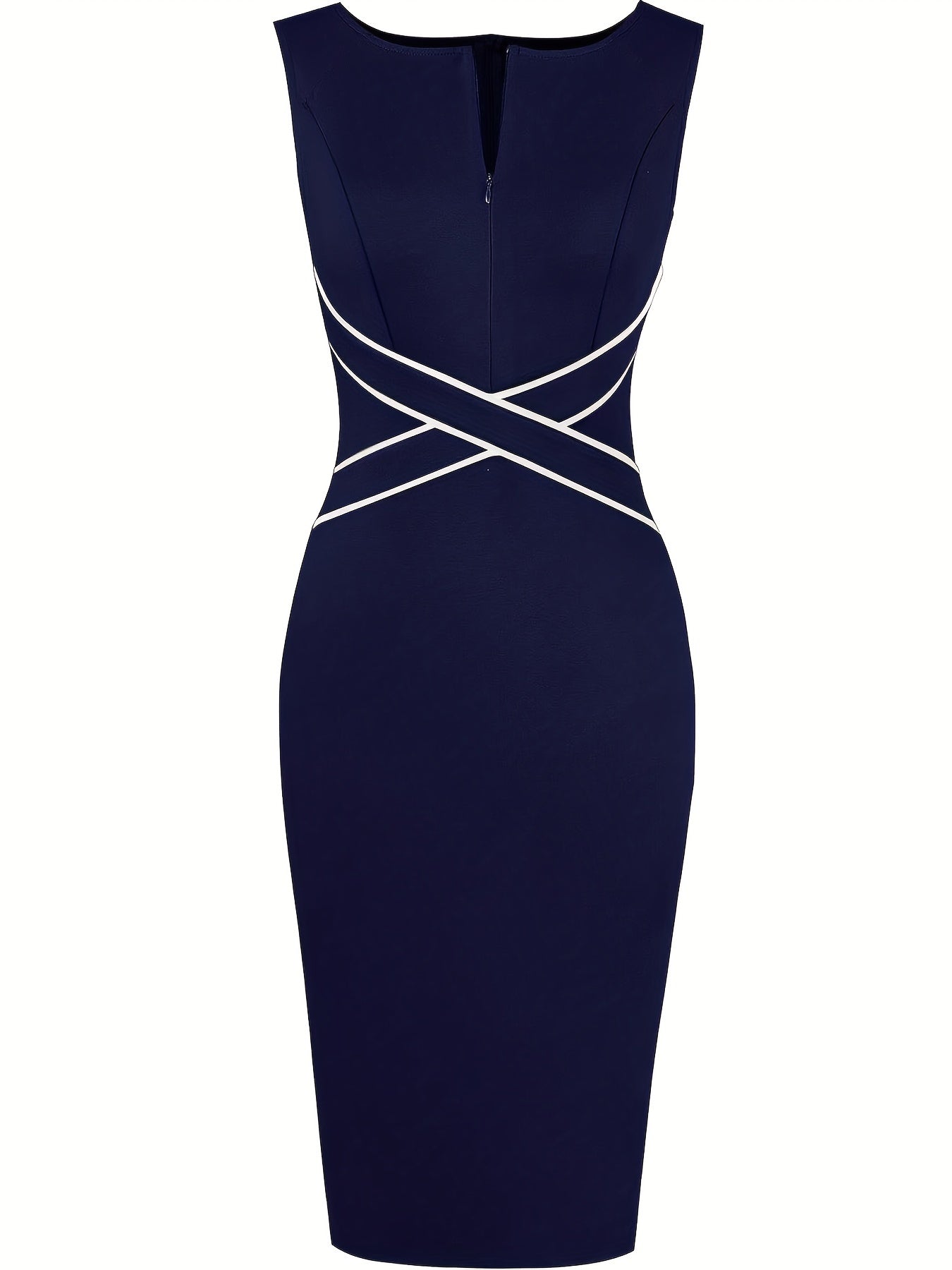 Elegant Contrast Trim Sheath Dress for Women with Split Neck Sleeveless Crisscross Waist Bodycon Cocktail Style