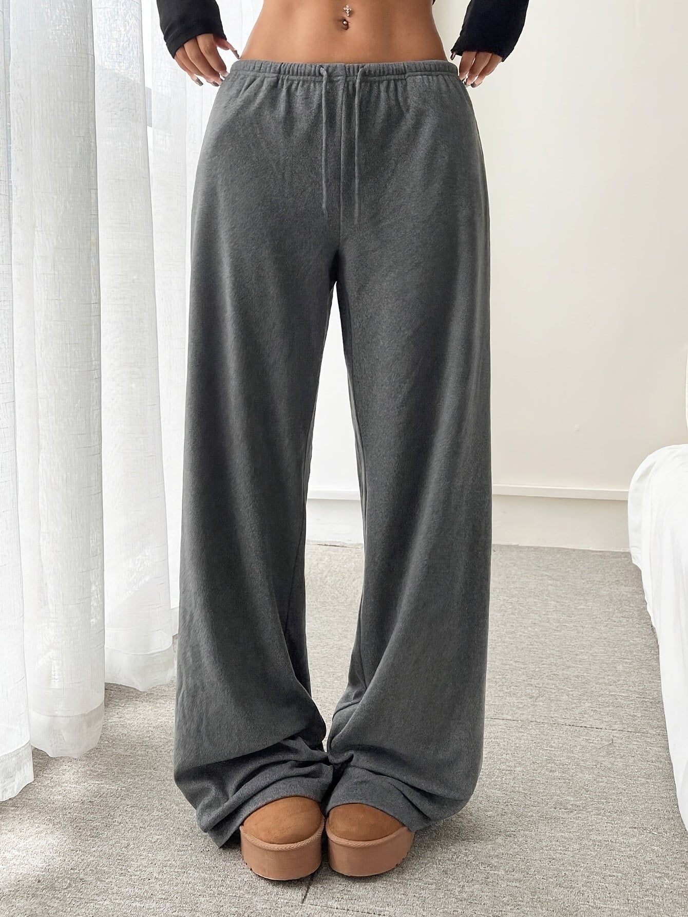 Effortless Waffle Knit Wide Leg Pants for Women with High Waist Drawstring Relaxed Flowing Casual Style