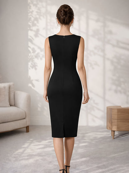 Elegant Contrast Trim Sheath Dress for Women with Split Neck Sleeveless Crisscross Waist Bodycon Cocktail Style