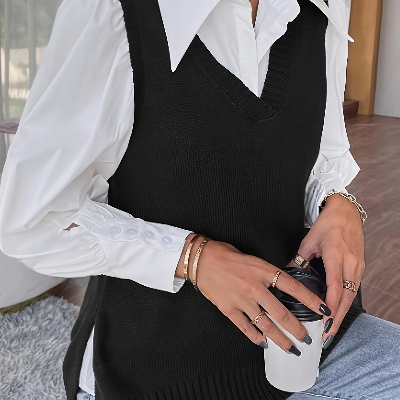 Comfortable Sweater Vest for Women with V Neck Sleeveless Ribbed Trim Oversized Knit Style