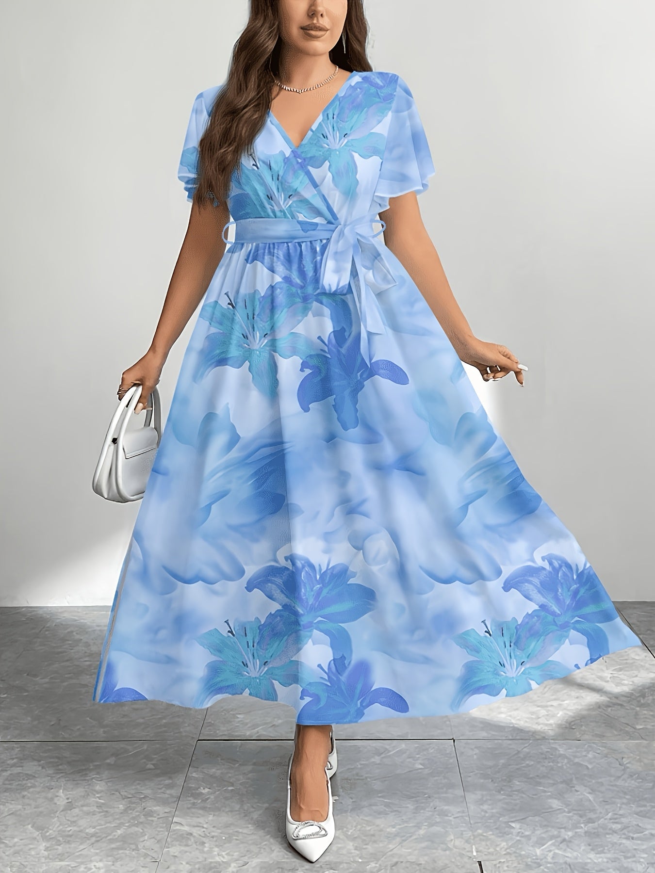 Effortless Multicolor Floral Maxi Dress for Women with V Neck Flutter Sleeve Wrap Belted Flowing Bohemian Style