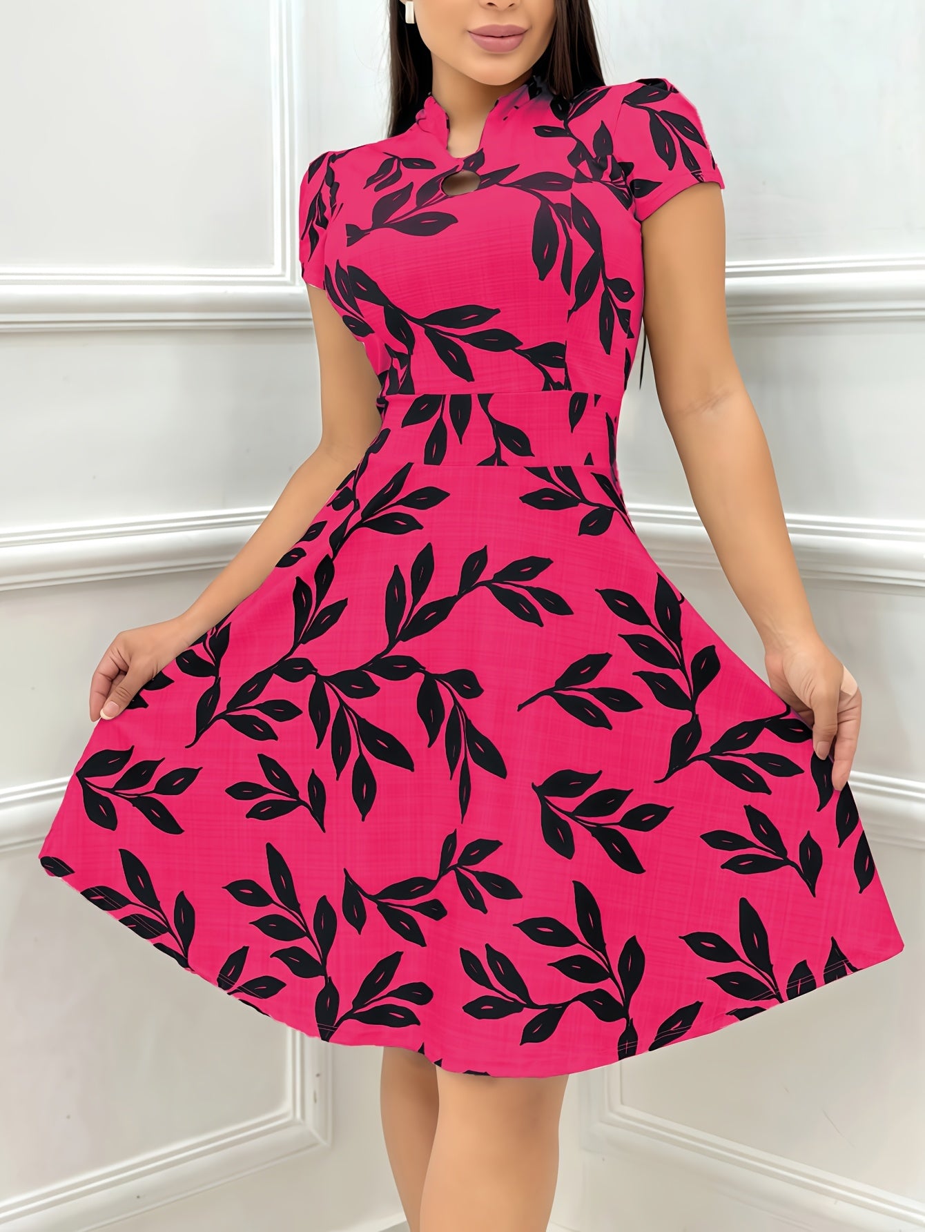 Elegant Leaf Print Fit and Flare Dress for Women with Keyhole Stand Collar Cap Sleeve Midi Style