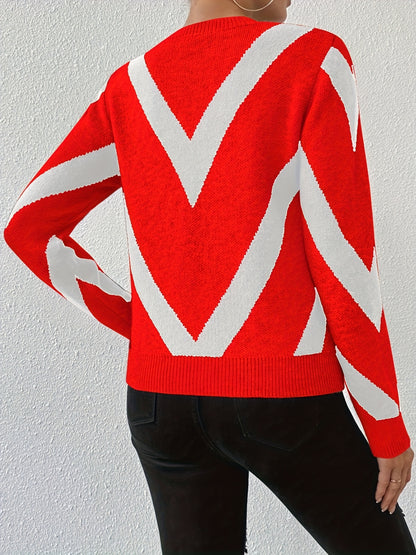 Comfortable Coffee Brown Chevron Sweater for Women with Crew Neck Long Sleeve Relaxed Oversized Knit Style