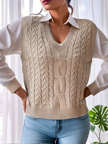 Comfortable Cable Knit Sweater Vest for Women with V Neck Sleeveless Cropped Oversized Style