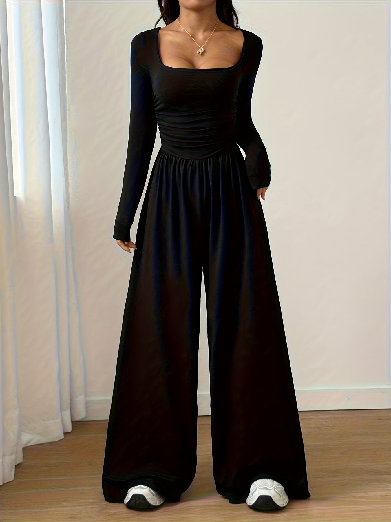 Elegant Black Jumpsuit for Women with Square Neck Long Sleeve Ruched Wide Leg Style
