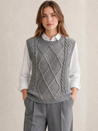 Comfortable Cable Knit Sweater Vest for Women with Crew Neck Sleeveless Relaxed Oversized Casual Style