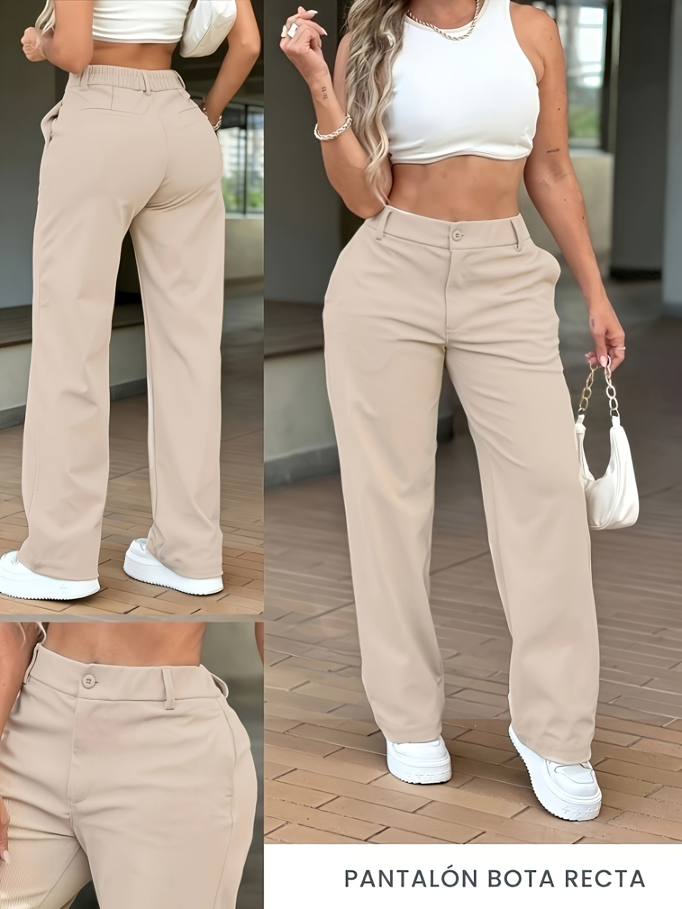 Effortless Khaki Wide Leg Pants for Women with High Waist Button Front Relaxed Casual Style
