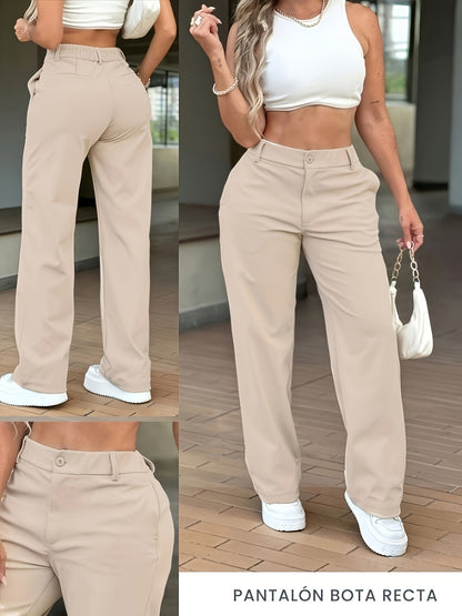 Effortless Khaki Wide Leg Pants for Women with High Waist Button Front Relaxed Casual Style