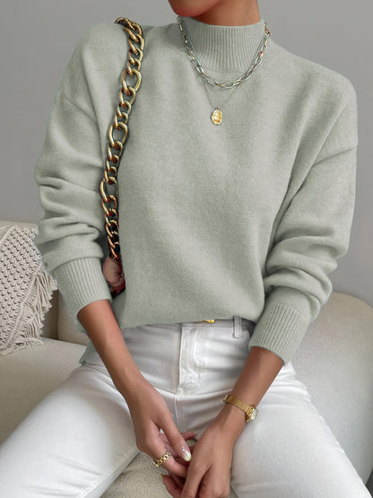 Comfortable Ribbed Sweater for Women with High Neck Long Sleeve Relaxed Oversized Knit Style