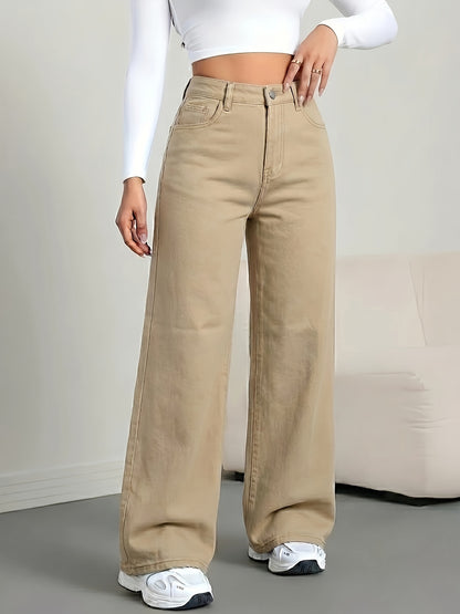 Effortless Khaki Wide Leg Jeans for Women with High Waist Five Pocket Relaxed Casual Style