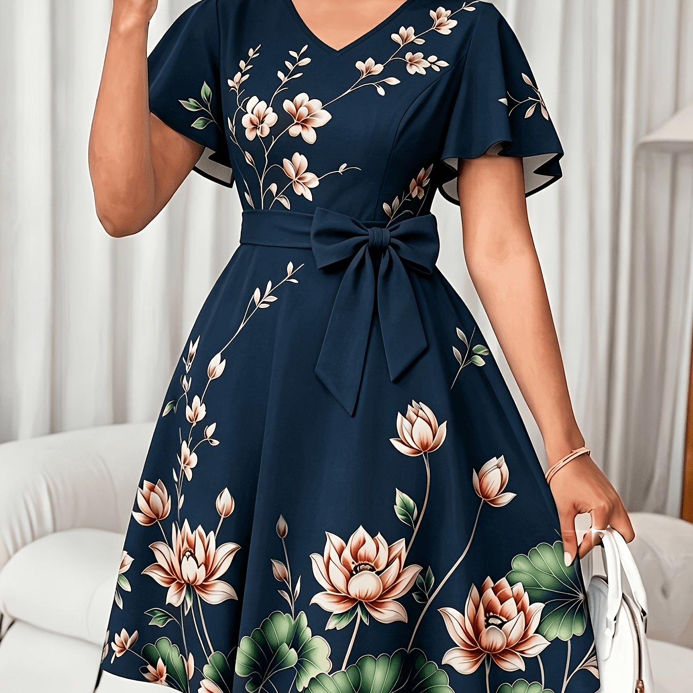 Elegant Floral Midi Dress for Women with V Neck Flutter Sleeve Bow Belt Flowing Style