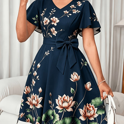 Elegant Floral Midi Dress for Women with V Neck Flutter Sleeve Bow Belt Flowing Style