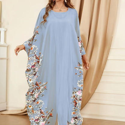Elegant Floral Print Kaftan Maxi Dress for Women with Round Neck Batwing Sleeve Flowing Bohemian Style