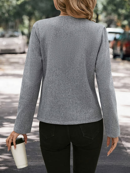 Elegant Grey Tweed Jacket for Women with Round Neck Long Sleeve Button Front Cropped Style