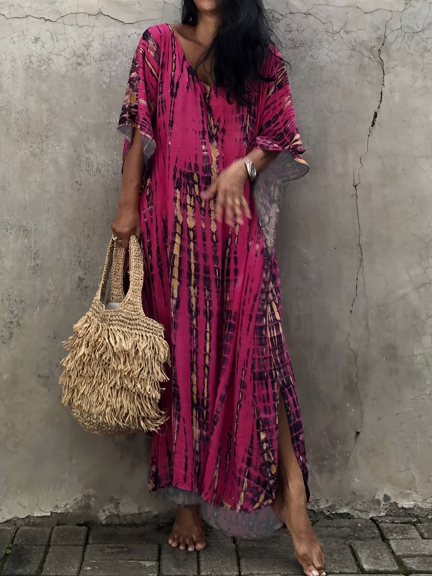 Effortless Tie Dye Maxi Dress for Women with V Neck Bell Sleeve Kaftan Flowing Bohemian Style