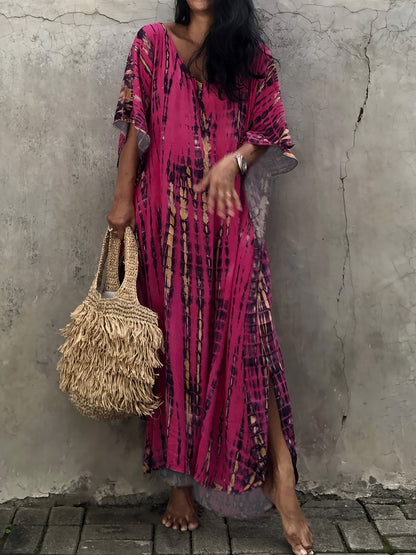 Effortless Tie Dye Maxi Dress for Women with V Neck Bell Sleeve Kaftan Flowing Bohemian Style