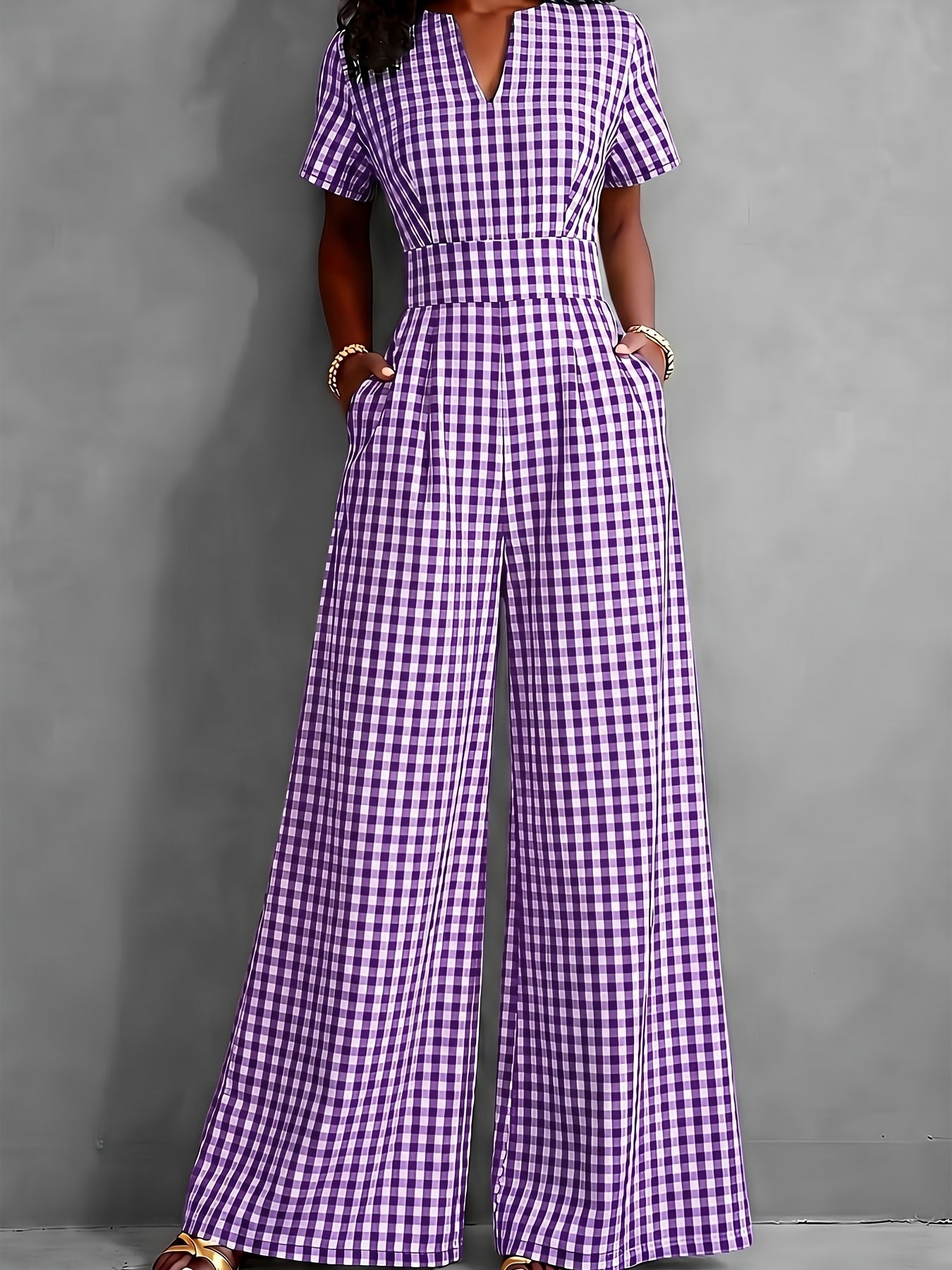 Effortless Gingham Wide Leg Jumpsuit for Women with V Neck Short Sleeve Fitted Waist Pocket Style