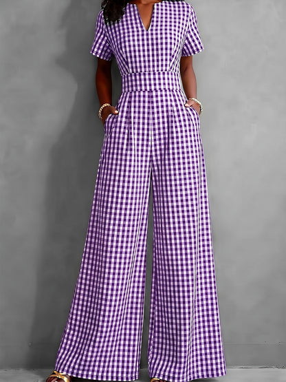 Effortless Gingham Wide Leg Jumpsuit for Women with V Neck Short Sleeve Fitted Waist Pocket Style