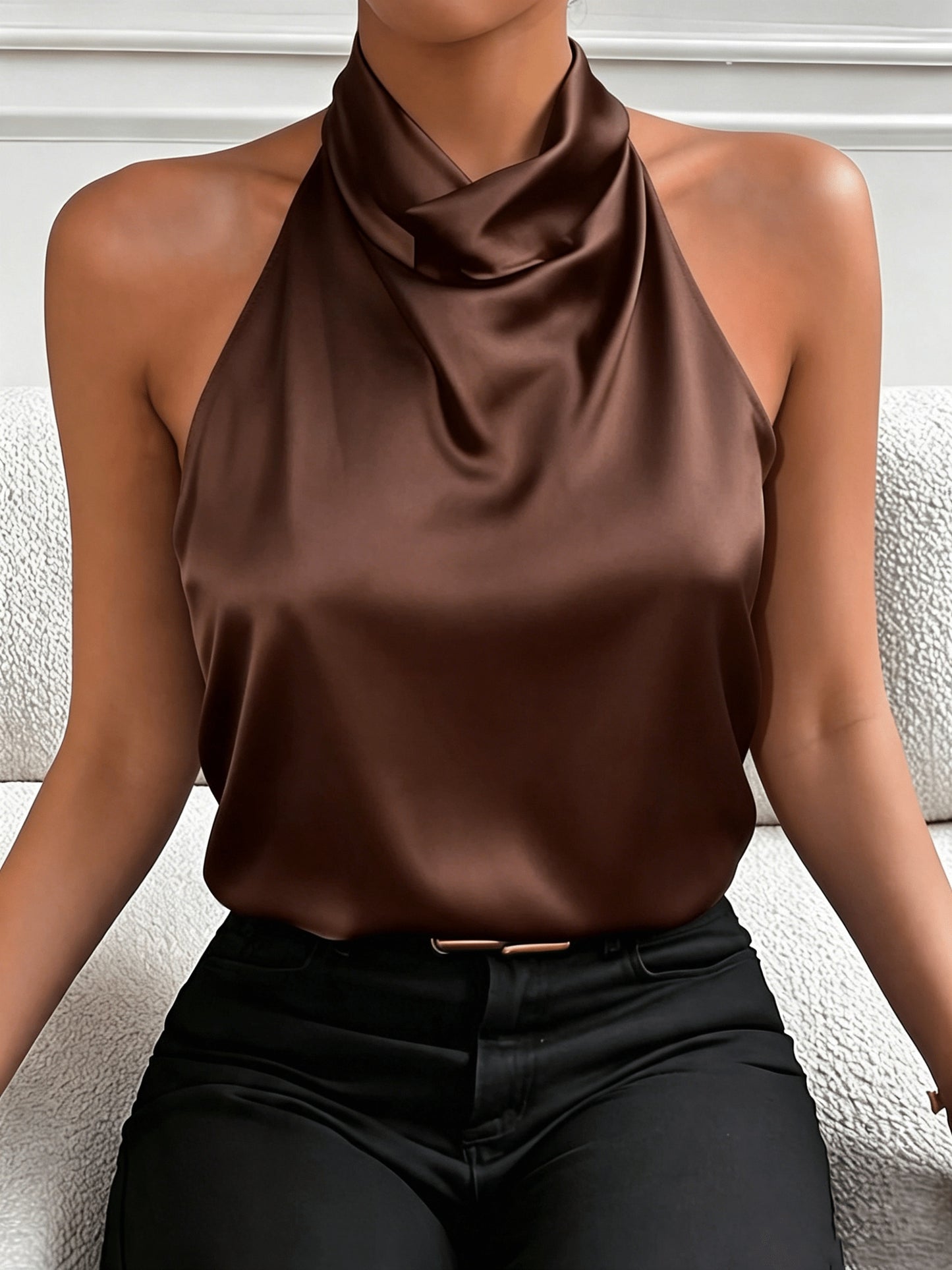 Elegant Satin Halter Top for Women with Cowl Neck Sleeveless Draped Silky Style