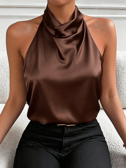 Elegant Satin Halter Top for Women with Cowl Neck Sleeveless Draped Silky Style