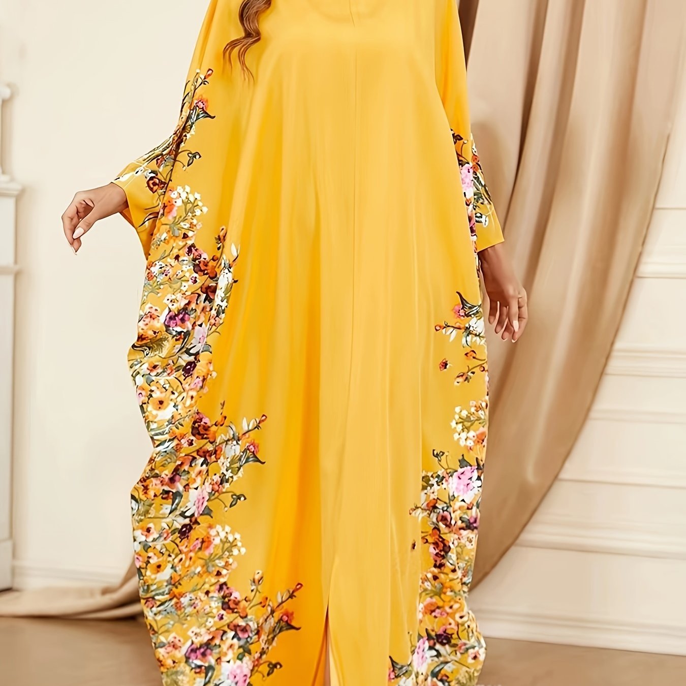 Elegant Floral Print Kaftan Maxi Dress for Women with Round Neck Batwing Sleeve Flowing Bohemian Style