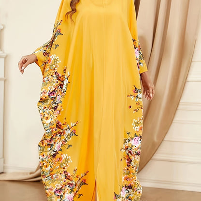 Elegant Floral Print Kaftan Maxi Dress for Women with Round Neck Batwing Sleeve Flowing Bohemian Style