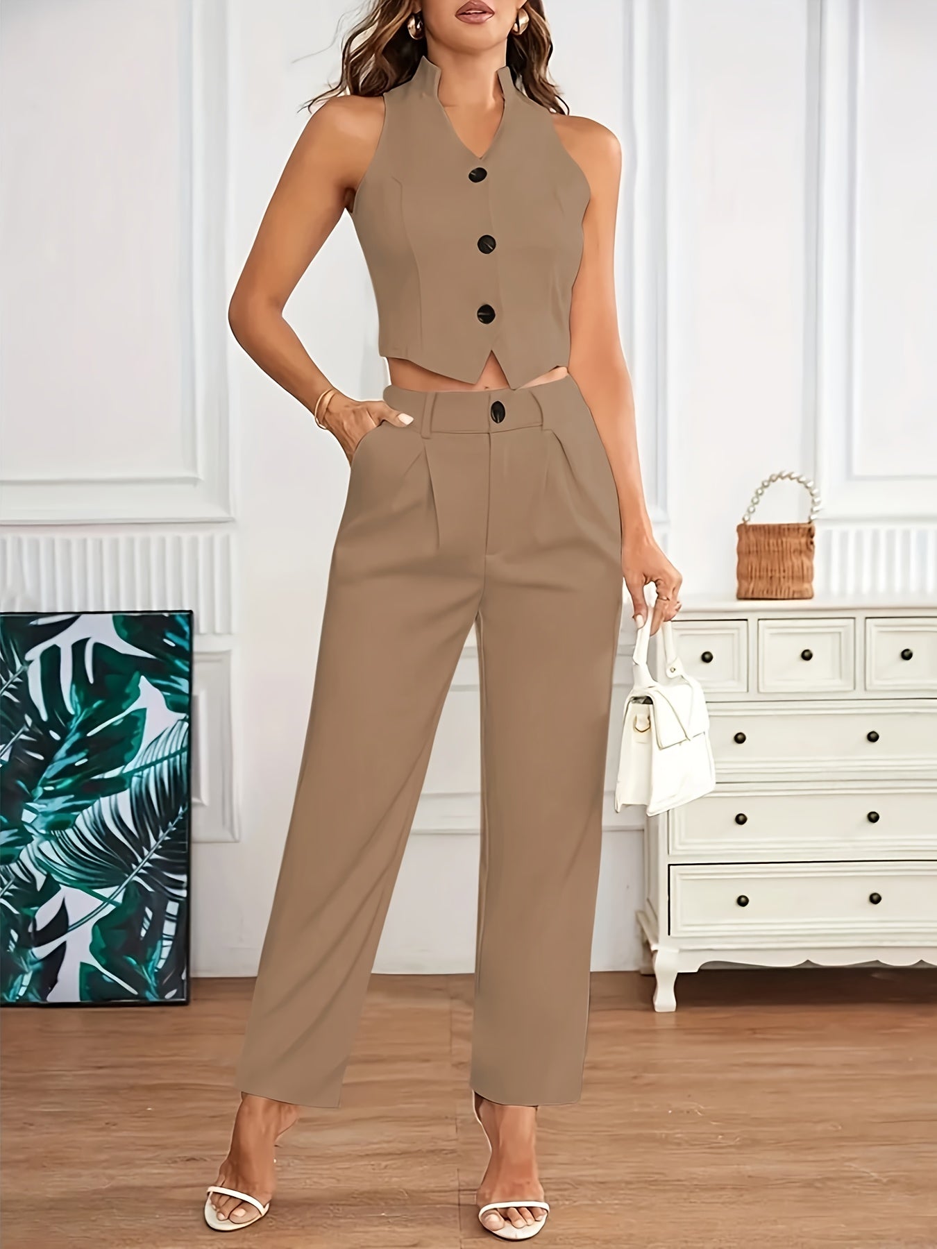 Elegant Vest Two Piece Set for Women with V Neck Sleeveless Button Front Tailored Style