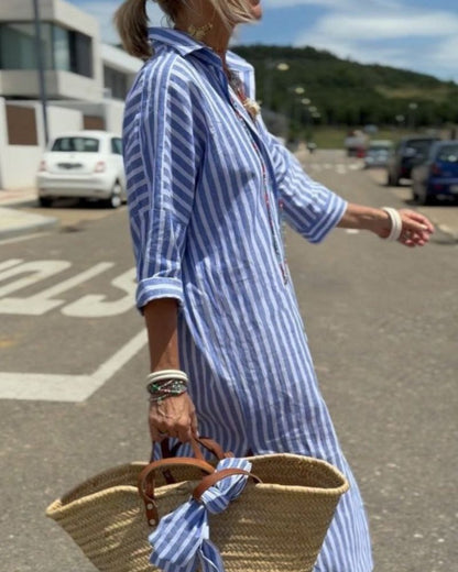 Women's Dress | Button Shirt Long Sleeve Stripe Midi