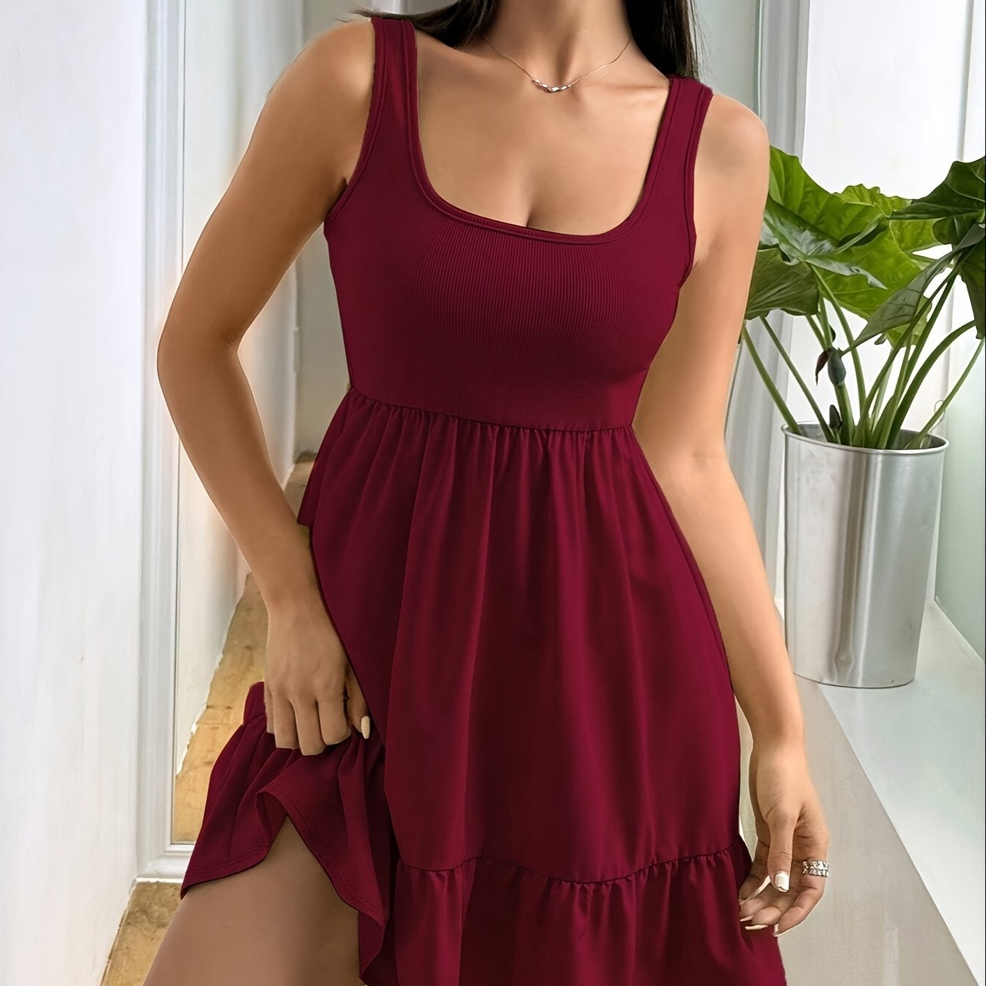 Effortless Ribbed Tiered Mini Dress for Women with Square Neck Sleeveless Smocked Waist Flowy Style