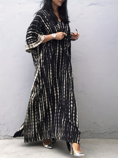 Effortless Tie Dye Maxi Dress for Women with V Neck Bell Sleeve Kaftan Flowing Bohemian Style