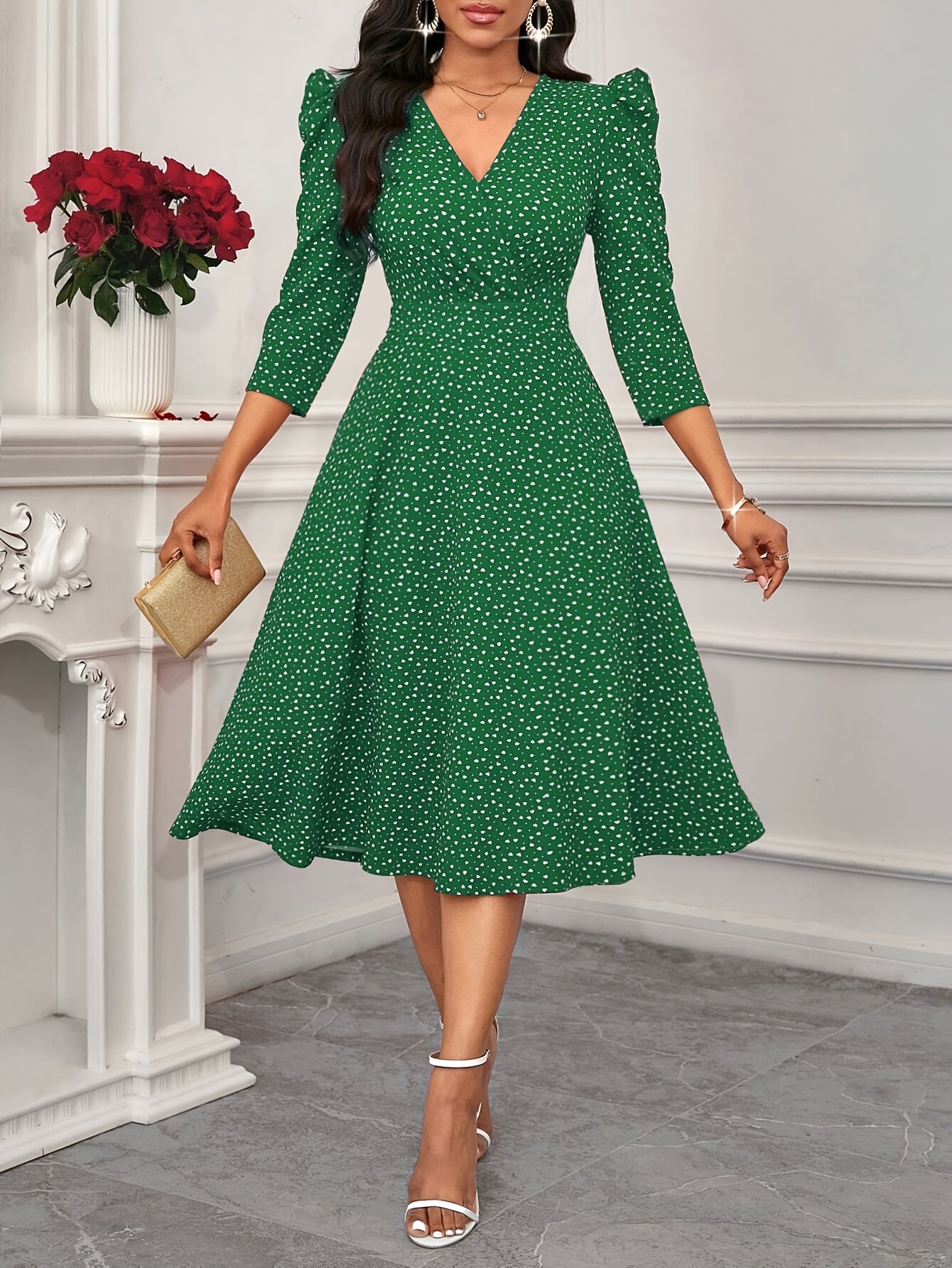 Elegant Green Polka Dot Midi Dress for Women with V Neck Elbow Sleeve Ruched Fit and Flare Wedding Guest Style