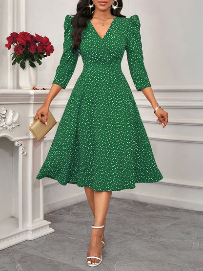 Elegant Green Polka Dot Midi Dress for Women with V Neck Elbow Sleeve Ruched Fit and Flare Wedding Guest Style
