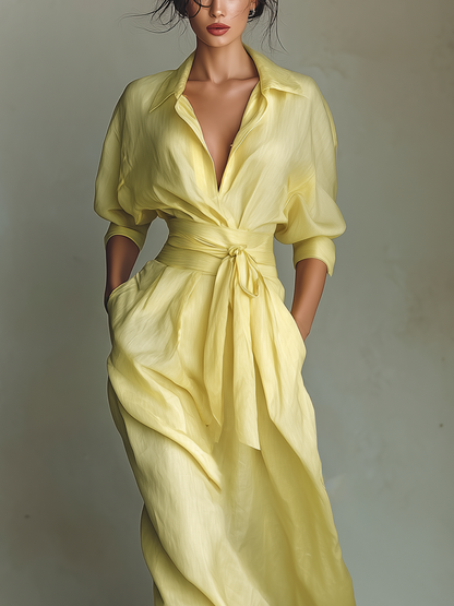 Elegant Yellow Linen Maxi Dress for Women with Collar Neck Elbow Sleeve Wrap Tie Waist Flowing Style