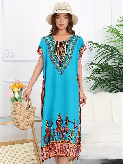 Effortless Tribal Print Kaftan Dress for Women with V Neck Short Sleeve Embroidered Flowing Bohemian Style