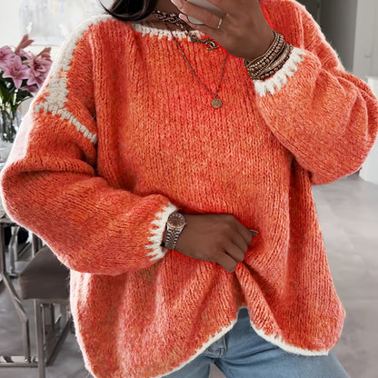 Solid Boat Neck Pullover Sweater, Women'S Casual Long Sleeve Loose Contrast Sweater