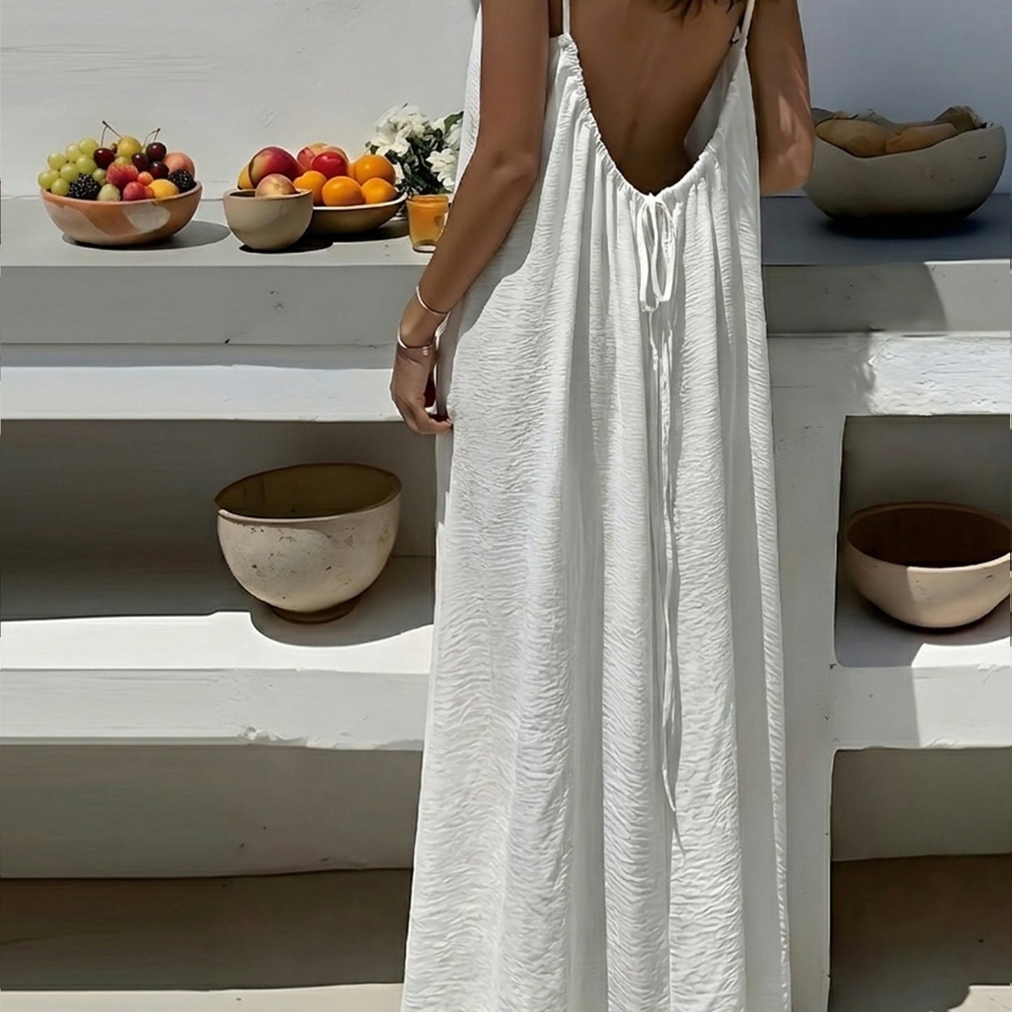 Effortless Textured Maxi Dress for Women with Spaghetti Strap Low Back Tie Flowing Bohemian Style